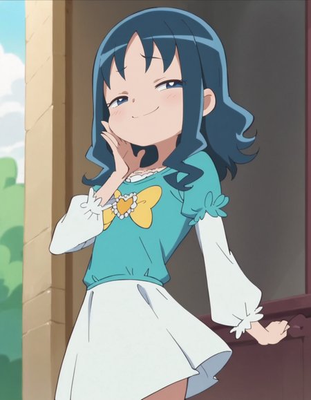 score_9, score_8_up, score_7_up, anime screencap, solo,1girl,kurumierika,heart brooch, blue shirt,white sleeves,white skirt,jewelry,smile,yellow  bow,cowboy shot,small breasts,smug,blush<lora:kurumierika:0.8>