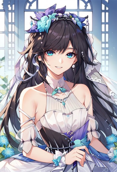 score_9, score_8_up, score_7_up, source_anime, wedding dress, 1girl, solo, bare shoulders, flower, hair flower, long hair, bridal veil, looking at viewer, black hair, smile