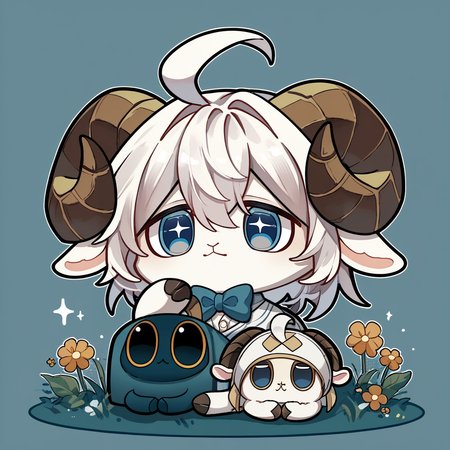 score_9, score_8_up,  <lora:critterPickHonkaiStar_v10:1> hcrpick, animal, no humans, chibi, blue eyes, sheep horns, white fur, bowtie, ahoge