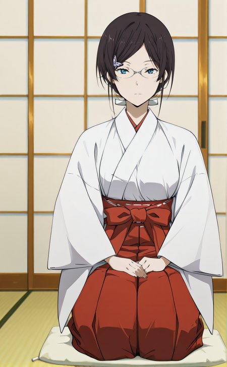 masterpiece, best quality, highres, newest, 1girl, solo, official style, anime screencap, <lora:IL_Juumonji_Kaho_v2:1>, miko kaho, black hair, blue eyes, butterfly ornament, parted bangs, sidelocks, low ponytail, glasses, mole under eye, miko, red hakama, tatami, seiza, five finger, looking at viewer, expressionless, centered image, full body