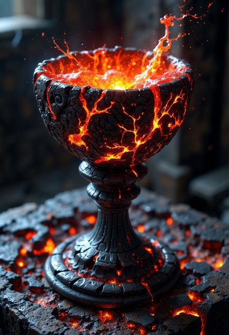 A hyper-realistic portrait, photorealistic photo close-up image of A chalice forged from molten lava, its surface perpetually shifting and flowing like a living, fiery river. The body of the chalice is smooth, with glowing orange and red patterns resembling ancient runes, constantly appearing and disappearing as the lava moves. The rim is edged with a blackened, obsidian-like material that contrasts sharply with the molten liquid within. Inside the chalice, a swirling vortex of liquid fire dances, its heat palpable even from a distance. The base is heavy, with veins of glowing magma coursing through the stone, grounding the otherwise fluid object in the physical world. The chalice stands on a wooden medieval table (photography, high-resolution, dynamic, energetic,hyper-realistic, dramatic lighting, shallow depth of field.)