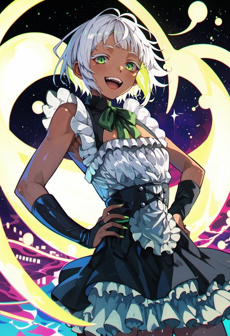 score_9,score_8_up,score_7_up,score_6_up,source_anime,<lora:Sakatsuki_Yakumo_XL:1>,solo,1girl,front view,close-up,from below,looking at viewer,laughing,dark-skinned female,white hair,multicolored hair,colored eyelashes,colored inner hair,green eyes,short hair,flat chest,standing,hands on hip,arched back,multicolored clothes,frills dress,night,multicolored lights,