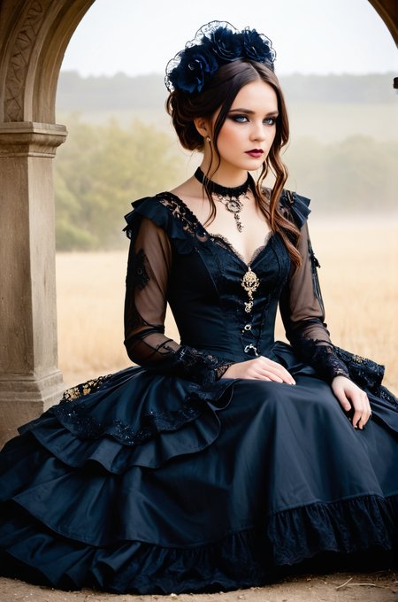 breathtaking an individual seated in a natural, open setting, with mist or fog adding a mysterious ambiance. The person is dressed in an elaborate gothic style gown with multiple layers of lace and ruffles, which suggests a Victorian influence. The dark color palette of the attire is consistent with gothic fashion, emphasizing the somber and romantic themes often associated with the subculture. The individual's hair is styled in a tousled manner, with hints of color that may indicate a rebellious or personal twist to the traditional gothic look. They are adorned with ornate jewelry, including a necklace with a prominent pendant that serves as a focal point against the dark fabric of the dress. The person's pose and distant gaze evoke a contemplative or melancholic mood, which is complemented by the bleak and desolate landscape. The stark contrast between the intricate details of the clothing and the simplicity of the natural surroundings emphasizes the solitude and introspective state of the individual. The overall composition of the image, from the fashion to the setting, creates a narrative that invites the viewer to ponder the story behind the subject's presence in this eerie environment.  <lora:S4ndr4_mm4:0.8> S4ndr4 . award-winning, professional, highly detailed