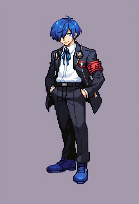 score_9, score_7_up, BREAK, solo, 1boy, smile, looking at viewer,  <lora:CPS2-pdxl_Fp:1>, simple background, full body, pixel art, <lora:MakotoP3-pdxl_Fp:0.8>, makotop3, school uniform, gekkoukan high school uniform, headphones, blue hair, blue eyes, short short hair, black jacket, black pants, hair over one eye, hand in pocket, looking at viewer, blue footwear, ribbon, armband,