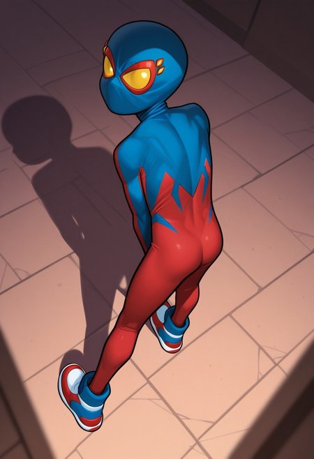 1boy, male focus, cute boy, BaileyBriggs, Mask, Yellow Eyes, Spiderboy Costume, Two-tone Bodysuit, Red Bodysuit, Blue Bodysuit, Red Blue Sneakers, cinematic, intricately detailed illustration, depth of field, masterpiece, best quality, amazing quality, very aesthetic, absurdres, newest, very awa, shadow, dynamic angle, casual cosplay, from behind,  looking back