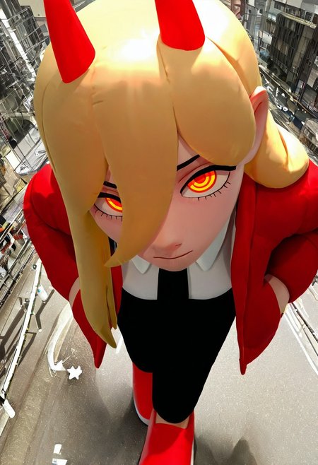 masterpiece, best quality, newest, absurdres, highres, 1girl, black necktie, necktie, solo, long hair, horns, red eyes, shirt, jacket, white shirt, pants, black pants, red footwear, collared shirt, shoes, blonde hair, power \(chainsaw man\), hands in pockets, facing viewer, looking at viewer, ringed eyes, leaning forward, close-up, red jacket, from above, upturned eyes, giantess, inflatable toy, 
<lora:tsunotsuno_ill:1>