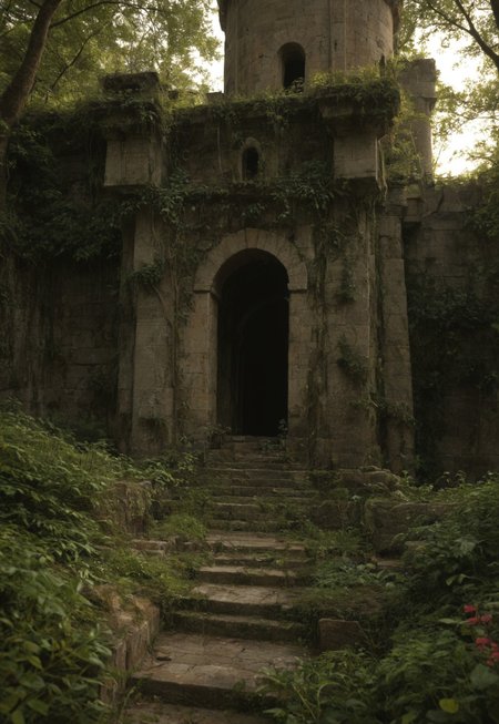 In the quiet stillness of dawn, the serene twilight envelopes the ancient castle ruins, creating an atmosphere of tranquil beauty. The crumbling stone walls are draped in ivy and moss, with wildflowers blooming amidst the decay. The soft, golden light of dawn filters through the ruins, casting long, dramatic shadows and highlighting the intricate details of the once-grand structure. The air is filled with the scent of damp earth and the faint, lingering fragrance of decaying flora, adding a touch of melancholy to the scene. In the background, a lush, overgrown garden surrounds the ruins, where once-vibrant flowers now whilst, creating a sense of floral decay. The scene is imbued with a sense of ethereal magic, as if nature is slowly reclaiming the ancient castle.
 (8k uhd:1,4)
 <lora:add-detail-xl:1>
 <lora:Dynamic Poses:1>