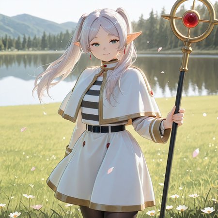 masterpiece,best quality,amazing quality,solo, 1girl, grey hair, long hair, green eyes, twintails, parted bangs, earrings, pointy ears,FrierenCasual, striped shirt, white capelet, black belt, white skirt, long sleeves, black pantyhose,cute,field,lake on background,flower petals,wind,holding staff,gentle smile,volumetric lighting,ovstyle
