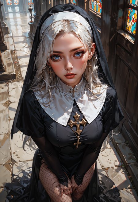score_9, score_8_up, score_7_up, score_6_up, score_5_up, score_4_up,  dynamic angle, from above, realistic, 18 yo, 1girl, (solo:1.1), cute, sexy nun, black hearts, white hair, long hair, blush, fishnets, seductive, posing, church background, thighs, full body, standing  <lora:Concept Art DarkSide Style LoRA_Pony XL v6:0.8> concept art, <lora:Expressive_H-000001:0.6>, expressiveH     <lora:g0th1cPXL:0.4> <lora:incase_style_v3-1_ponyxl_ilff:0.3>     <lora:sinfully_stylish_SDXL:0.4>