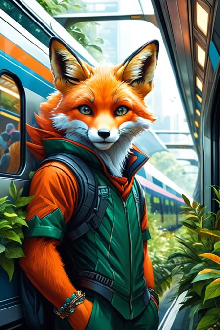 Detailed digital illustration of an anthro Fox (Peeking through foliage, mysterious allure) at a Crowded monorail station with futuristic trains, <lora:xl_more_art-full_v1:0.5>,  <lora:anthro_muscular:0.7>,  <lora:MJ52:0.6>, <lora:madpunk:0.4> madpunk
