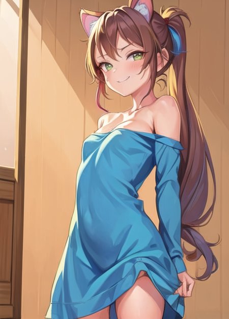 1girl, green eyes, masterpiece, breasts, brown hair, looking at viewer, blush, blue streaked hair,  pajamas, smug, smile, outline, sam yang, best quality, posing , cat ears, lean forwards, <lora:Fkey:0.7>