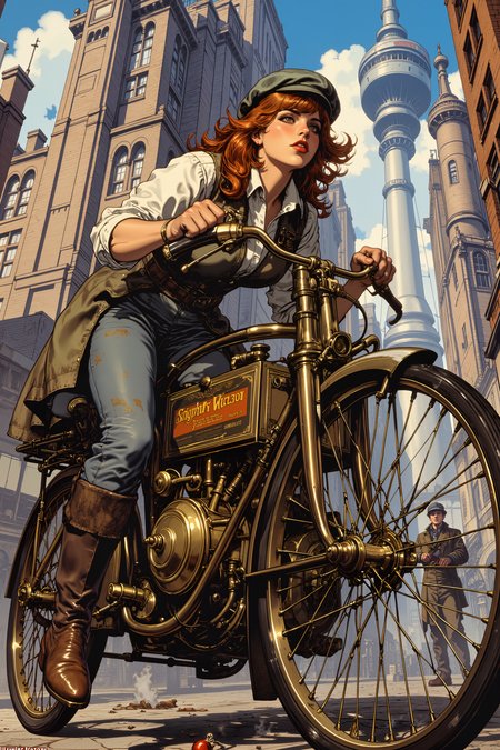 Under the shadow of a towering, gear-laden factory, a young woman in an oil-splattered waistcoat slams her fist against the side of a sputtering, steam-powered penny-farthing. Her wild auburn hair is barely contained beneath a tilted newsboy cap, and her flushed face is set in an expression of exasperation. The vehicleâs brass tubing trembles as a series of clanking noises echo from within, but the massive front wheel remains stubbornly still. A faint puff of black smoke dribbles from the engine casing, carrying the unmistakable scent of burnt wiring. Around her, the bustling streets of the city carry on, the clatter of passing airships and the hiss of steam vents forming a chaotic symphony of mechanical life. A street urchin snickers nearby, his grimy fingers pointing at her predicament, only for her to throw him a withering glare. With an irritated sigh, she pulls a screwdriver from her belt and crouches down, muttering curses at the contraption as she pries open a panel of brass plating. In the distance, the enormous silhouette of a steam-driven monorail rumbles overhead, a stark reminder of both the marvel and the misery of progress. , detailed background  Fantastic lighting. Detailed shadows.intricate details, vivid colors, hyper-detailed, ultra-sharp, , <lora:RetroAnimeFluxV1:0.4> <lora:Vintage comic book:0.7> <lora:MoriiMee_Gothic_Niji_Style_FLUX:1.0>
