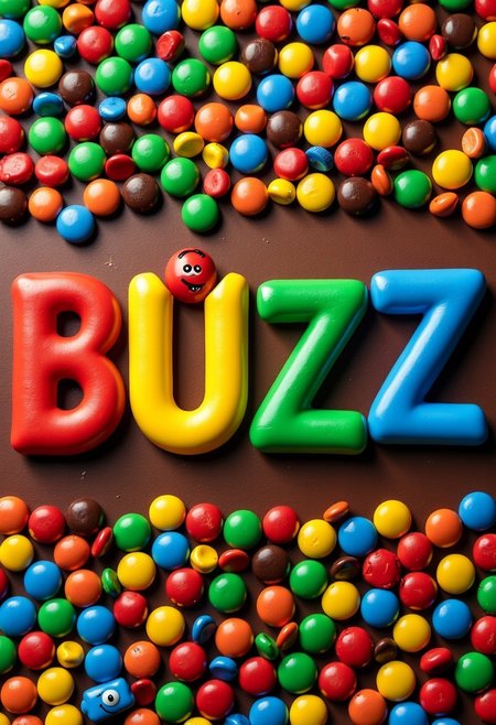 Create a visually striking image entirely composed of M&M candies. 
The word "BUZZ" is boldly displayed in the center, crafted from a dynamic array of brightly colored M&Ms. The background should also be made of M&Ms, blending seamlessly with the text but using slightly muted tones to ensure the word stands out. 
To add a playful and humorous twist, include a tiny, mischievous M&M character peeking out from behind the letters, as if trying to rearrange them into a humorous new word.