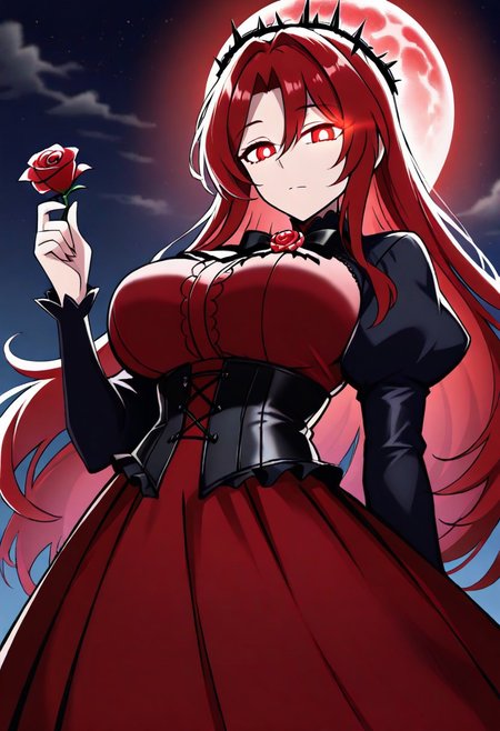 score_9, score_8_up, score_7_up, score_6_up, score_5_up, score_4_up, masterpiece, perfect face, perfect eyes, 
night sky, blood moon, 
1girl, solo, mature woman,
white pupils, red eyes, glowing eyes, 
long hair, (red hair:1.6), hair intakes, hair between eyes,
crown of thorns, black thorns,
pointing, rose in hand,
formal, red dress, collared dress:1.5, high collar dress, 
black shrug, long sleeves, (puffy sleeves:1.3),
black corset, frilly corset,
black bowtie, rose brooch, rose ornaments,
large breasts, covered breasts,
expressionless, side view, from below, female focus, looking at viewer,