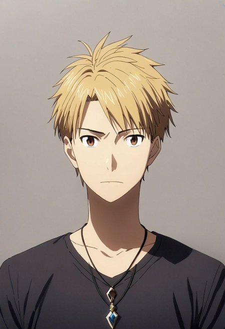 high resolution, solo, best quality, 1Boy, Yamato Ishida, Blond Hair, Necklace, potrait, dark shirt, looking at viewer, focused gaze forward, simple background, straight body, upper body, head upright, love, OverallDetail