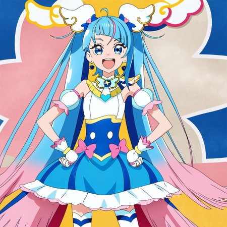 detailed background, shiny skin, posing, rating safe, 
<lora:curesky.pony:1.0>,
curesky, smile, laughing, open smile, looking at viewer,
small breasts, standing, hand on own hips,