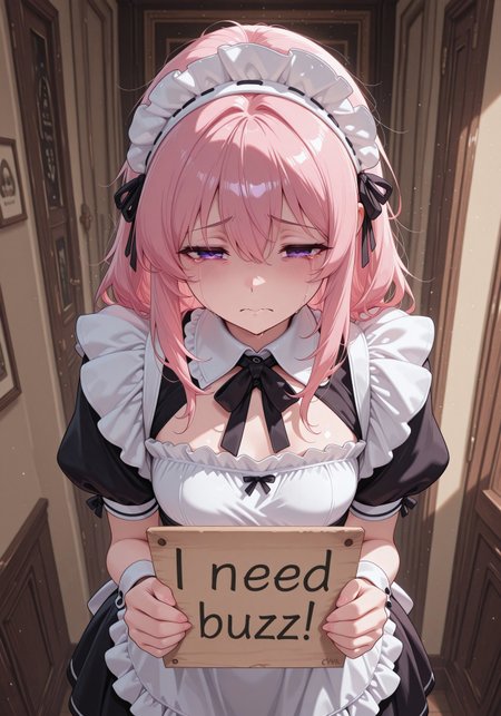masterpiece, best quality, amazing quality, solo, aged up, CivChan, purple eyes,pink hair, maid outfit, small breasts, sad,begging,need_buzz, holding sign
