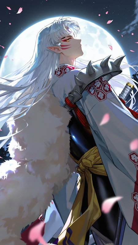 (artist:[diyokama|fuzichoco|yoneyama mai|lam \(ramdayo\)|quasarcake]:0.8), (takahashi rumiko \(style\):1.2),
sesshoumaru, inuyasha, 1boy, male focus, solo, yellow eyes, white hair, pointy ears, full moon, petals, looking at viewer, very long hair, armor, kimono, closed mouth, outdoors, forehead mark, looking back, crescent, night sky, profile,
dark, backlighting, depth of field, dutch angle,
masterpiece, best quality, very awa, absurdres
<lora:noobai_vpred_1_inuyasha_v1:1>
<lora:noobai_vpred_1_masterpieces_v1:1>