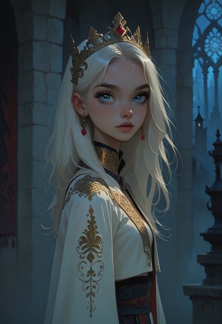FFAnime Style, Score_9, Score_8, Score_7, 1girl, white hair, light blue eyes, portrait, ceremonial robe, white outfit with gold designs, castle interior  <lora:FFAnime Style Pony:0.7>