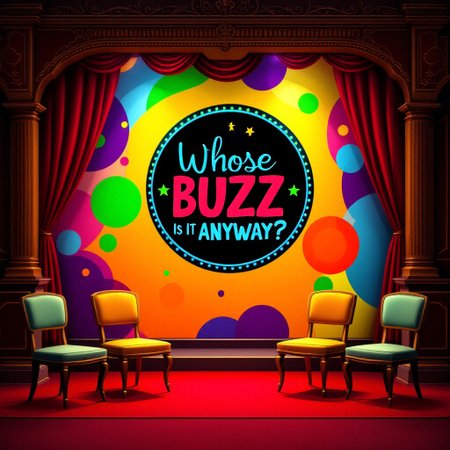 Design a stylized stage background for an improv comedy show titled 'Whose BUZZ Is It Anyway?'. The set features a vibrant and colorful backdrop with abstract swirls and shapes. The title, written in bold, playful font, stands out in the center, with silhouettes of four comedians in a circular emblem near the text. The scene has a cozy, vintage theater vibe, with ornate woodwork and soft lighting highlighting the red velvet floor and simple chairs arranged on stage. The atmosphere is inviting, humorous, and lively, perfect for an energetic live performance.
