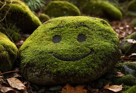 CINEMATIC SHOT,professional photo by Caravaggio of  wild nature,Sachalin,autumn, (stone with smug emoji face covered in moss:1.8), blurred background, 
rule of thirds,view from surface,(by Christopher Nolan:1.4),F11,(DOF, Cinematic Color grading, intricate, hyper realistic, detailed, flickr, cinematic lighting),<lora:Wild_nature_XL:1>,<lora:add-detail-xl:1>,