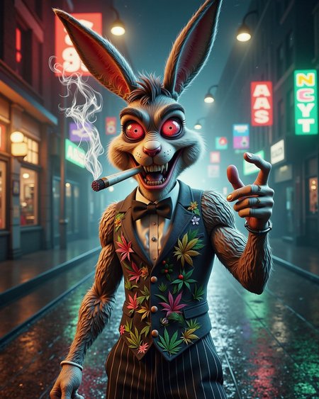 weed, Bugs Bunny looking euphoric with bloodshot eyes smoking a fat cigarette, looking cool in a waistcoat and pinstripe pants, dopehead<lora:Comedy\new-weed.safetensors:1.0:1.0>