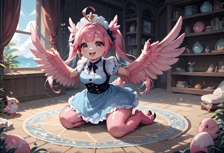best resolution,score_9,score_8_up,score_7_up,score_6_up,score_8,score_7,score_6,best quality,masterpiece,source_anime,fantasy,beach background,1girl,solo,kawaii,cute,chibi,1girl, winged arms,pink harpy,medium breasts, blue dress, (indoors:1.3), castle,expressiveh,happy,smile,detailed eyes, inflating wings,glossy wings,