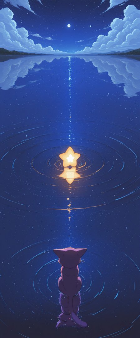 cute style, star_(sky), sky, cloud, cat, night, no_humans, starry_sky, night_sky, star_(symbol), reflection, reflective_water, water, moon, purple cat, closed eyes, calm, small boat, leaf boat, floating, glowing stars, star-shaped objects, water reflection, ripples, deep blue sky, whimsical, dreamlike, fantasy setting, soft lighting, glowing effect, surreal, Masterpiece, best quality, amazing quality, highres, absurdes, n0riuma_illu, 4ur4_illu, H4ru_illu, <lora:fd42de01-c707-4020-93ca-778ac7fd86aa:0.8>, <lora:3de9c4aa-959d-49dc-9a1d-352af9867780:0.7>, <lora:3c09207c-af0e-4528-95c6-694bb1e127d3:0.7>, <lora:05d0def5-1dce-4ae4-918a-2cdb8c311080:0.4>