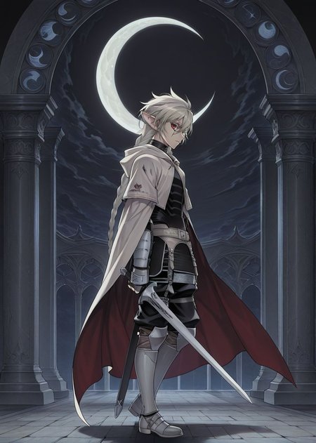masterpiece, best quality, arms at sides, male focus, 1boy, male, looking at viewer, full body, crescent moon, night, gothic background, facing to the side, holding sword, 
<lora:Koinzell:0.8>, Koinz0l, red eyes, platinum blonde hair, scar across eye, pointy ears, twin braid, platinum blonde eyelashes, cape, hooded cloak,