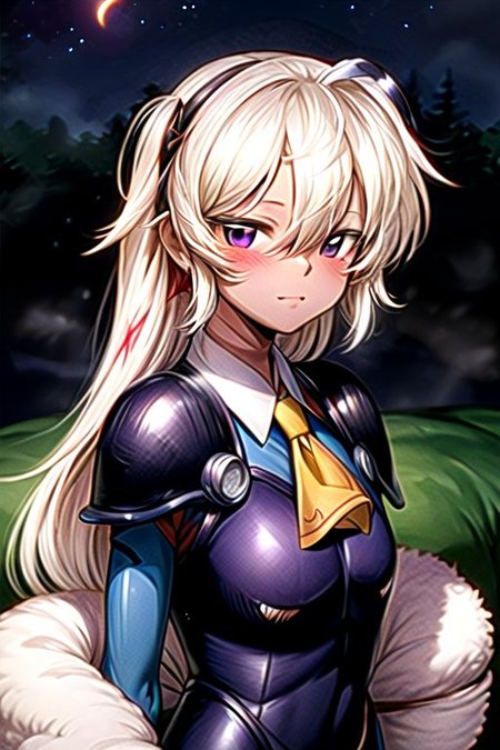 best quality 1girl Setsun4 solo long hair,  (night time) forest background black hair very long hair purple eyes multicolored hair armor, small, (fur trim) (medium body),<lora:EMS-179-EMS:0.800000>,<lora:EMS-293862-EMS:0.800000> bow, hair_bow, hair_tubes, red_bow, brown_hair, long_hair, bangs, ascot, frilled_bow, yellow_ascot, blush, smile, hair_between_eyes, athletic, armor, miko, strengthmda,  Smiling, happy, helmet