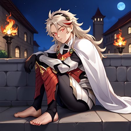masterpiece, best quality, sharp aliasing, highly detailed, 1male, male body, male,EPfeCorrin, white cape with flames, armour, black gloves, black pants, wearing pants, outdoors, stone tiled ground, buildings, night, barefoot, toeless legwear, armoured legwear, shin armour, leg armour, leg and shin amour, stirrup legwear, black stirrups, 5 toes, Quality, High Definition, Full body view, solo, rengoku kyojuro, forked eyebrowns, long hair, two-etone hair, multicolored hair, red eyes, sword, red toenails, dirty feet, glowing eyes, side view, sitting on ledge, feet, focus, sleeping, snoring