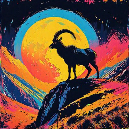 impactful color paint of, 1 walia ibex standing on top of a cliff under 1 white moon, black silhouette against white moon, black cliff, black  sky, highly detailed, vibrant colors, 8k, sharp, professional, clear, high contrast, high saturated, vivid deep blacks, crystal clear