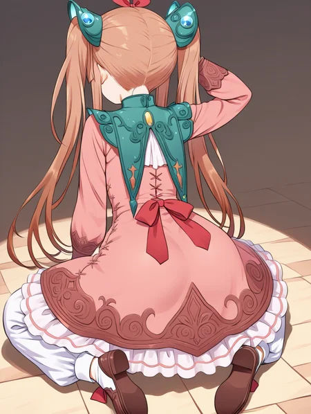 perfect quality,best quality,absolutely eye-catching,ambient occlusion,raytracing BREAK
1girl,<lora:rimuru IL v1.1:0.8>,rimuru,brown hair,twintails,hair ornament,red ribbon,pink dress,long sleeves,frilled dress,white puffy pants,shoes,, from behind,upper_body,top-down_bottom-up,chin_stroking,arm_behind_head,sitting_backwards,