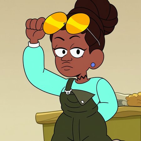 score_9, masterpiece, 1girl, Solo, female focus, JasmineW_Cotc, brown skin, black eyes, dark brown hair, hairstyle in a high bun, yellow sunglasses on head, small blue earrings, black choker, long sleeve aquamarine shirt, nori seaweed green overalls, white sneakers with yellow details, big eyes, tall stature, standing, cowboy shot, room background, looking at viewer, perfect eyes, detailed eyes