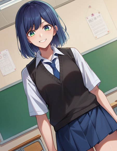 score_9, score_8_up, score_7_up, source_anime,
akanekurokawa, <lora:akane-kurokawa-ponyxl-lora-nochekaiser:1>,
akane kurokawa, bangs, green eyes, blue hair, medium hair, dark blue hair, smile,
shirt, school uniform, white shirt, necktie, collared shirt, vest, blue necktie, skirt, blue skirt,
indoors, classroom,
looking at viewer, cowboy shot, dutch angle,