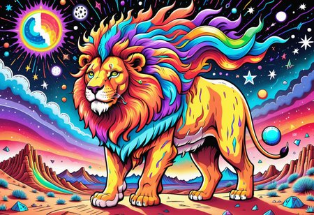 A huge incredible lion is walking along the colorful psychedelic desert. the lion's mane shimmers with all the colors of the rainbow. it feels like a lion is burning with a multicolored flame. background:  ((black night)) with rare large stars. the inscription on the picture: "Graógramán", addotional tail