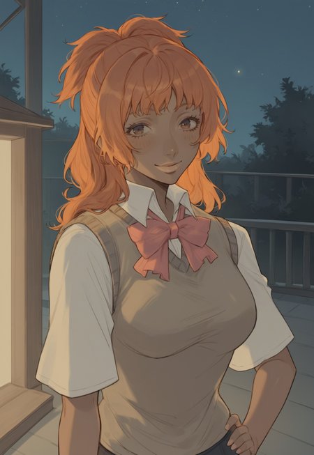 safe_pos, masterpiece,best quality, highly detailed, score_9, score_8_up, score_7_up, score_6_up, source_anime, expressive eyes, perfect face, cinematic lighting, volumetric lighting, bloom, post processing,
BREAK, 1girl, solo, shy smile,
natsukip3, curvy body, karge hanging breasts, orange hair, ponytail, brown eyes, dark skin, sweater vest, skirt, loose socks, looking at viewer, hand on hip, romantic,
BREAK, empty classroom scenery, ((night, moonlight, very dark lighting)), shadows, cowboy shot, 