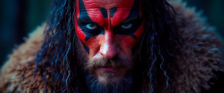 An extreme close-up of the Viking chief's face, focusing on the intricate tribal panther makeup and the texture of his weathered skin. The shallow depth of field blurs the background, drawing attention to his piercing, serious eyes. Hard rim lighting creates a dramatic contrast between the red and black makeup. Captured with Sony A1 camera with 85mm f/1.4 GM lens and f/1.4, 1/200s, ISO 100 Exposure