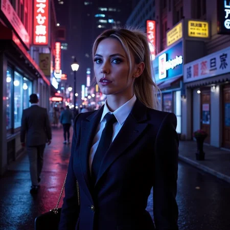 futuristic style neon noir surrealist art a beautiful blond woman, wearing a secretary uniform, in an office <lora:Riley_Voelkel:1> rileyv . dreamlike, mysterious, provocative, symbolic, intricate, detailed . cyberpunk, dark, rainy streets, neon signs, high contrast, low light, vibrant, highly detailed . sleek, modern, ultramodern, high tech, detailed
