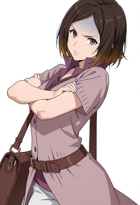 Smooth Quality,masterpiece,very intricate, high quality details, ultra realistic, high detailed skin,detailed enviorement,absurdres,
simple background, white background,solo,
standing, arms crossed, head tilt, serious, balanced stance, confident,  ,from side,turn pale,
 <lora:Kirara_Mizutani_cnn:0.8> 1girl, short hair, brown hair, multicolored hair, two-tone hair, brown eyes, at viewer, upper body,shirt, short sleeves, collared shirt, coat, pants, purple shirt,brown belt, shoulder bag,