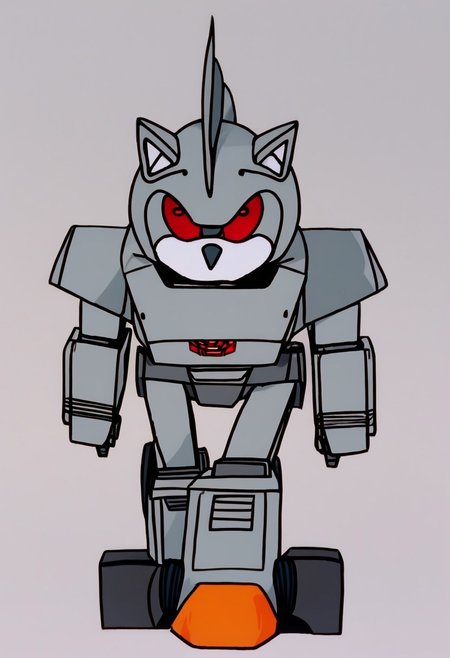 MechaMk1, 1boy, no humans, robot, mecha, robotic version of Sonic, bulky silver gray exoskeleton, bright orange feet, single glowing eye, several rotating blades on the back of head heavily armored body, blocky silver gray exterior while the black endoskeleton is visible from the back, red eye, black sclera, colored sclera, solo, full body, standing, Transformers, Animation, <lora:Transformers 86 FT:1>