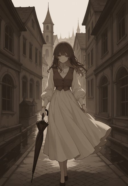 solo, ethereal, 

sepia, 

outside, town, 

holding_umbrella, closed umbrella, gun_umbrella, 

1girl, medium bangs, long brown hair, white dress, brown vest, 

masterpiece, best quality, newest, absurdres, highres,