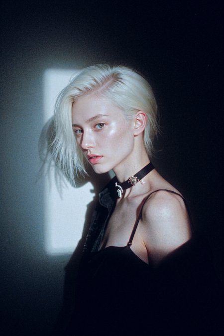 a gorgeous asian albino girl, 20s, erotic, beautiful, thin face, stylish haircut, enigmatic, dynamic volumetric light,

<lora:GrainScape_1404698:0.7> 8n8log, film photography aesthetic, film grain effect prominent throughout image, high contrast lighting creating dramatic shadows, grainy film-like texture