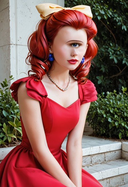 score_9, score_8_up, score_7_up, score_6_up, <lora:PMJessebelle_epoch_7:0.8>, PMJessebelle, blue eyes, red hair, drill hair, yellow bow, hair bow, earrings, lipstick, pink lips,
pearl necklace, red dress, shoulder pads,
leaning forward, serious, looking at viewer, facing viewer, hand on own knee, cowboy shot, 
BREAK day, sunlight, outdoors,
gorgeous lips, cinematic, (masterpiece), (best quality), (ultra-detailed), very aesthetic, illustration, perfect composition, intricate details, absurdres, (realistic, ultrarealistic, masterpiece, intricate:1.3), (best quality, hires textures, high detail:1.2), (4k), (incredibly detailed:1.4), (masterpiece, best quality:1.2), cyclopsgirl, thinmonobrow, masterpiece,best quality,