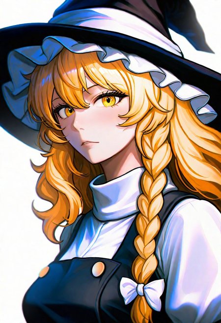 kirisame_marisa,touhou,"kirisame marisa, touhou","1girl, yellow eyes, blonde hair, long hair, single braid, witch hat, samll breast, (komatsuzaki rui), {{beautiful detailed face}}, realistic, {{aesthetic}}, {{{best quality}}}, stunning, very vibrant, looking at viewer, upper body, bright, warm, reflect light, masterpiece, best quality, very aesthetic, elegant, close-up, pureerosface_v1, upper body, professional lighting, plain background, white background, (((masterpiece,best quality,newest,absurdres,highres)))