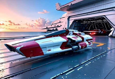 photograph, a clean hangar, door open, tropical island, ocean, beach:1.3, (smooth, sleek, neotech red and white (WipEout anti-gravity craft), (split-front:1.3), parked in a hangar):2, blue sky, sunset, sharp, high detailed, realistic, scifi, futuristic, science fiction, sharp focus, masterpiece, best quality