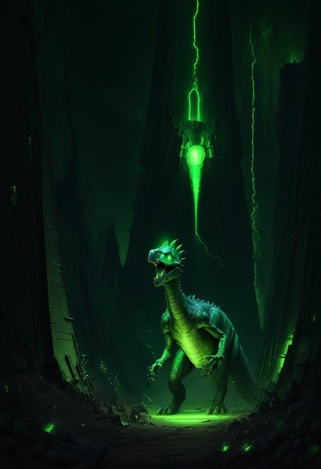 Necron, electricity, green glow, green theme, dinosaur,