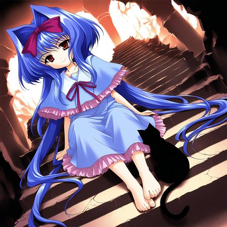 score_9, score_8_up, score_7_up, source_anime, rating_explicit, BREAK  <lora:Shion_IES_Ver2.0_XL:1> Shion_IES, very long hair, blue hair, hair bow, hair intakes, brown eyes, short stack,
cat, solo, barefoot, sitting, stairs, dress, black cat, purple hair, capelet, dutch angle, red eyes, hair ribbon, bow, smile, serious.
ruins, cave,