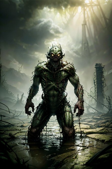(ohwx) a (swamp zombie) disturbing scene, close up, photography, natural light, photorealism, cinematic rendering, ray tracing, the highest quality, the highest detail, Cinematic, Third-Person View, Blur Effect, Long Exposure, 8K, Ultra-HD, Natural Lighting, Moody Lighting, Cinematic Lighting
 <lora:Hell2_v1.0:0.9>