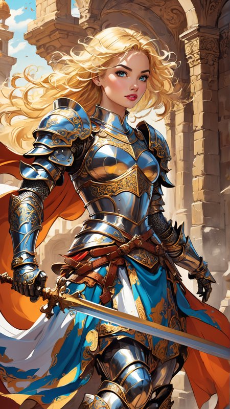 Western comic artstyle, vibrant colors, smooth shading, dynamic poses, expressive characters, high contrast, detailed background, female knight in ornate armor, playful, whimsical, artistic, crisp lines, high resolution, fantasy theme, blonde hair, dynamic pose
